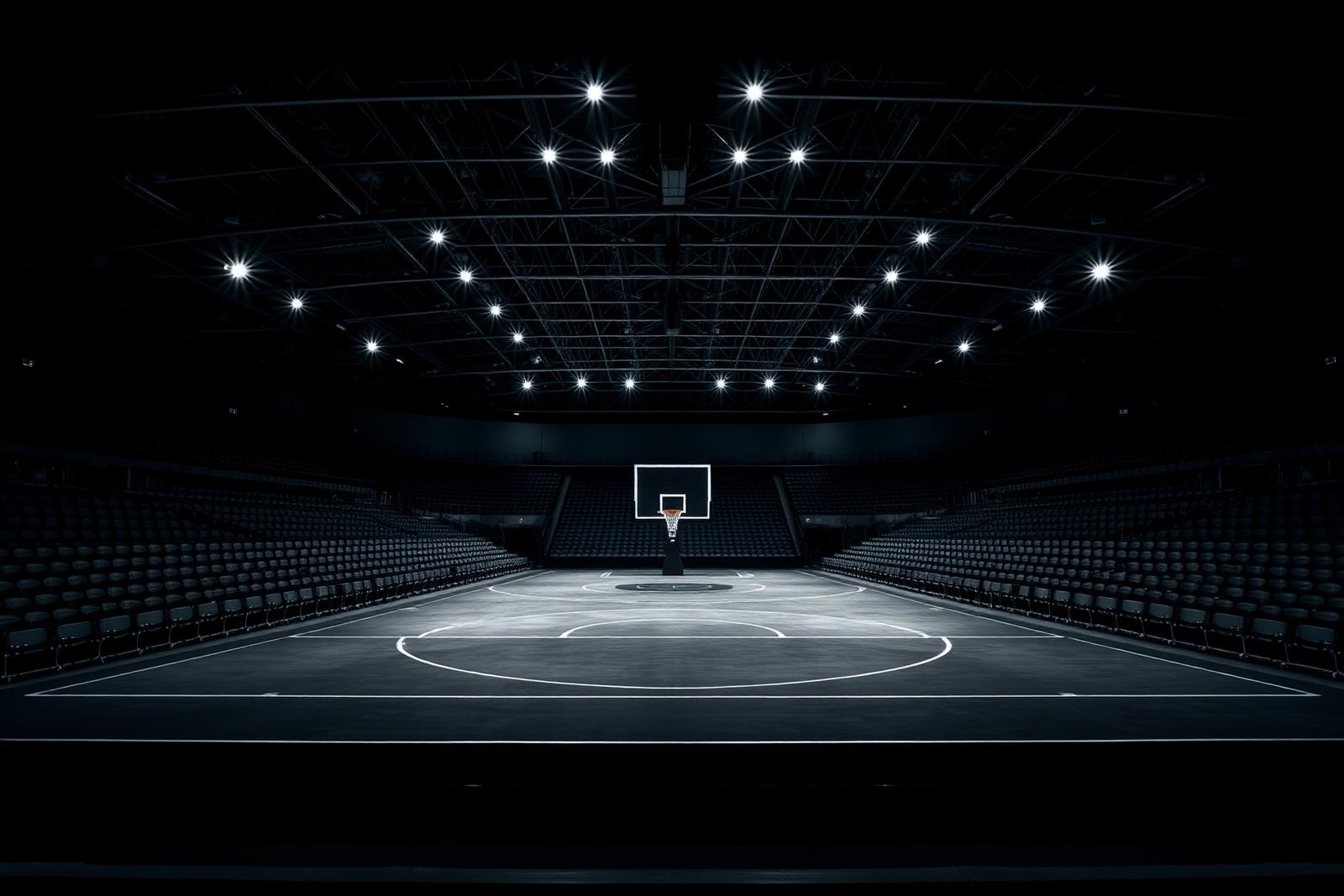 Empty professional basketball arena lit at night